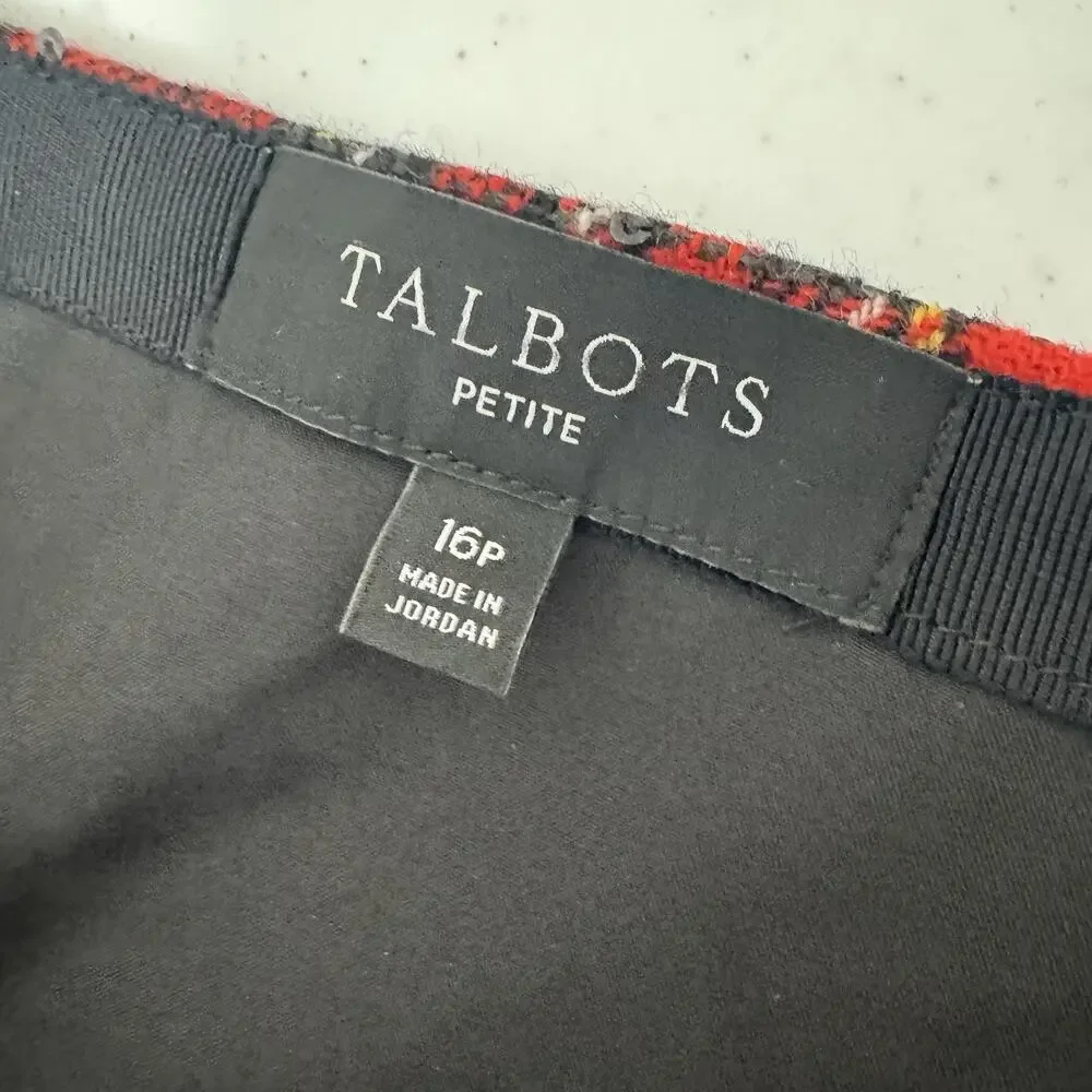 Talbots Tartan Plaid Wool Blend Skirt Women's Size 16 Petite Red Sequins Holiday